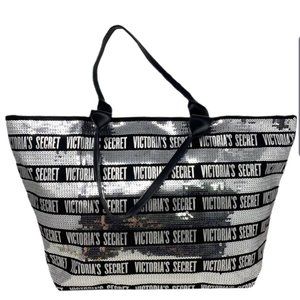 VICTORIA'S SECRET EXTRA LARGE BLACK with SILVER SEQUIN CARRYALL TOTE BAG